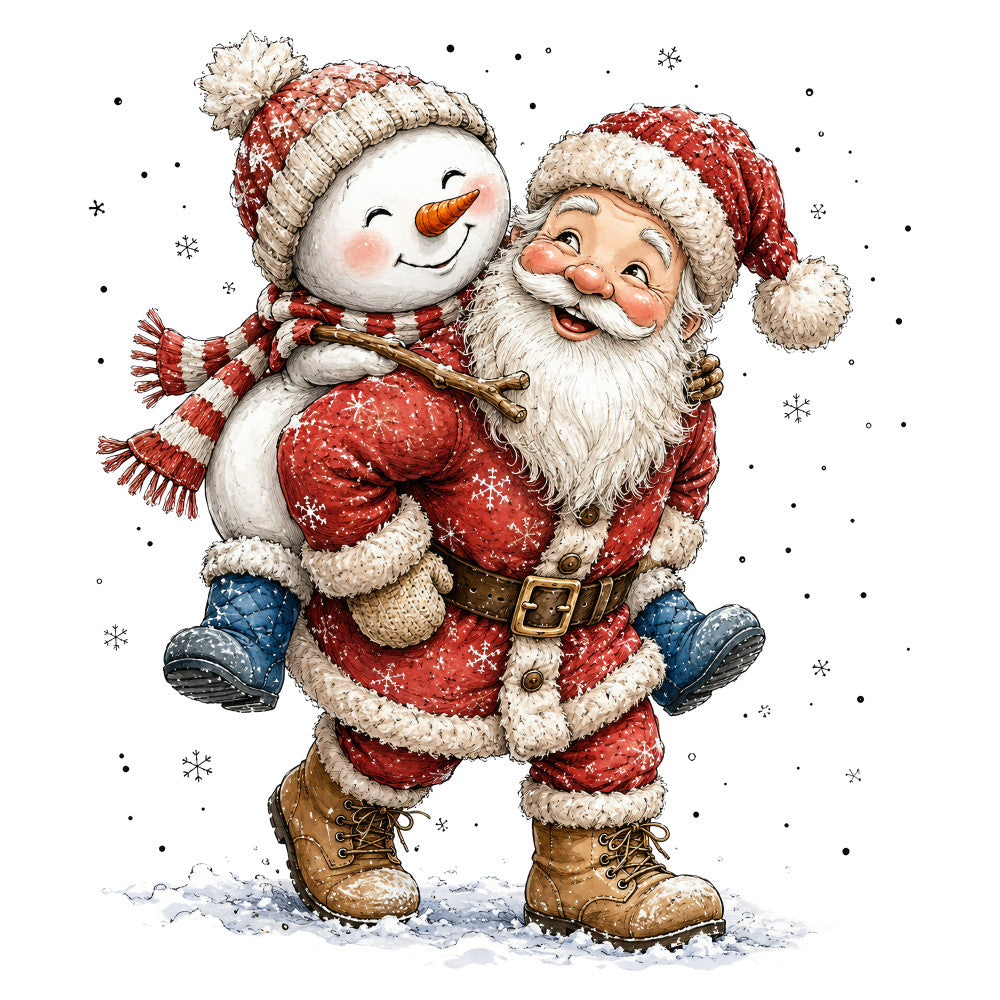 christmas, santa, snowman, holiday, red, cream, white, navy blue, brown, gold, whimsical, vintage, festive, winter, snow, snowflakes, jolly, traditional, nostalgic, children's, seasonal, decorative, cheerful, fabric panel, christmas characters, winter wonderland, rustic, warm tones, beige, charming