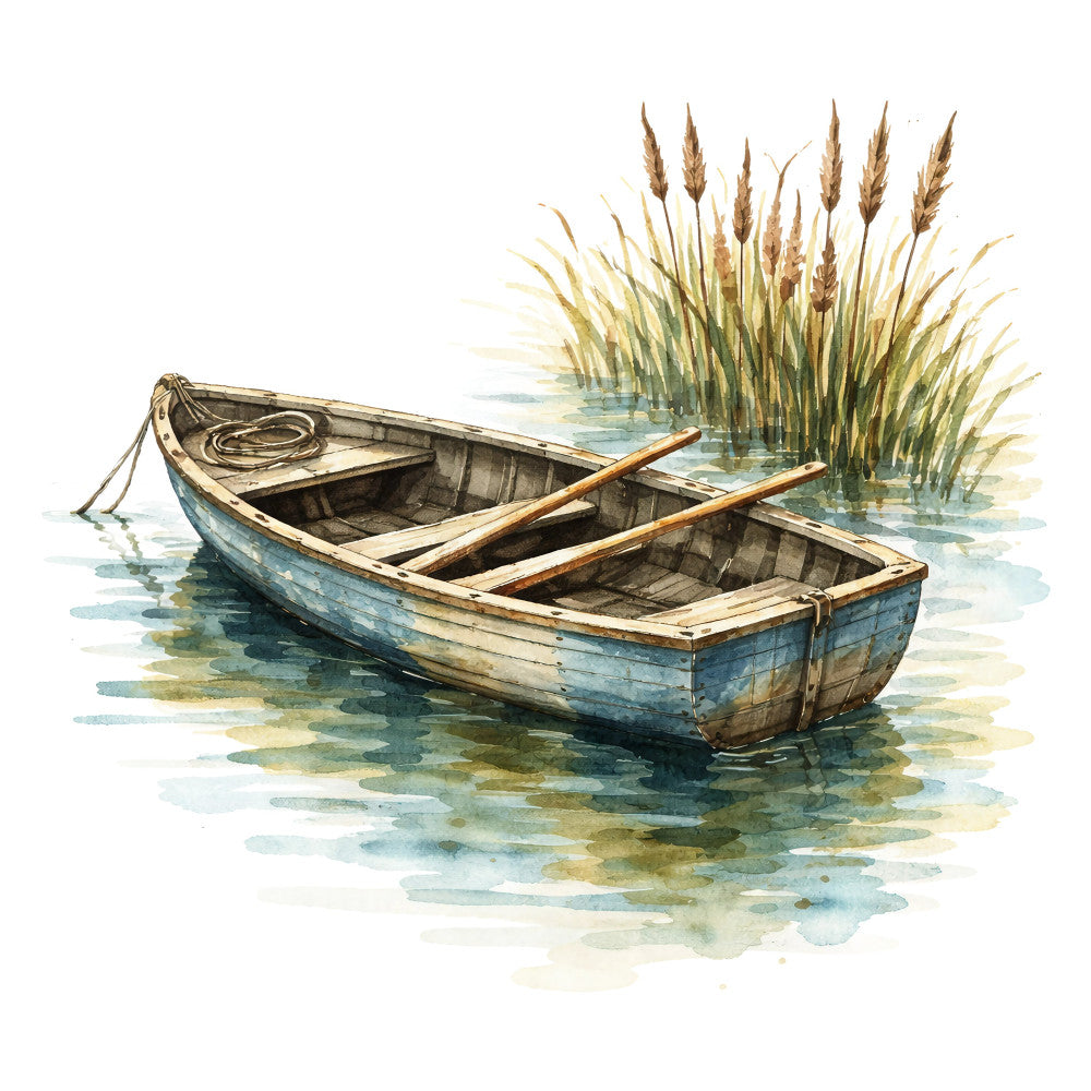 watercolor boat, nautical, rustic, vintage, landscape, nature, lake scene, reed grass, cattails, water reflections, coastal, farmhouse, rowboat, wooden boat, blue green, sage green, tan, cream, brown, weathered, peaceful, tranquil, country, traditional, botanical, water scene, riverside, pond, serenity, artistic