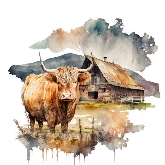 Watercolor Highland Cows Fabric Panel 11 featuring a detailed brown highland cow and rustic barn in premium quilting cotton print.