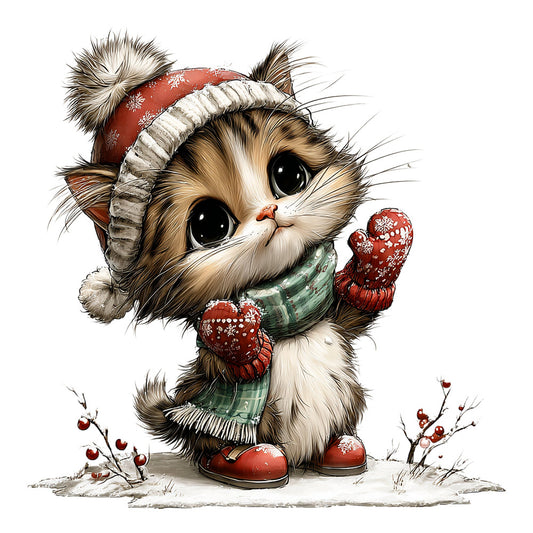 cat, kitten, winter, christmas, holiday, snow, festive, red, cream, white, tan, brown, green, sage green, rust red, whimsical, cute, adorable, animal, woodland, cozy, vintage, retro, mittens, hat, scarf, berries, snow boots, cheerful, greeting card style