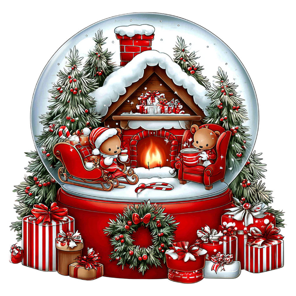 christmas, holiday, snow globe, winter, red, cream, forest green, brown, festive, cozy, traditional, whimsical, nostalgic, teddy bears, evergreen trees, fireplace, presents, gifts, candy canes, wreaths, sleigh, stockings, chimney, snowy, decorative, scene, vintage christmas, children's, panel design, heartwarming