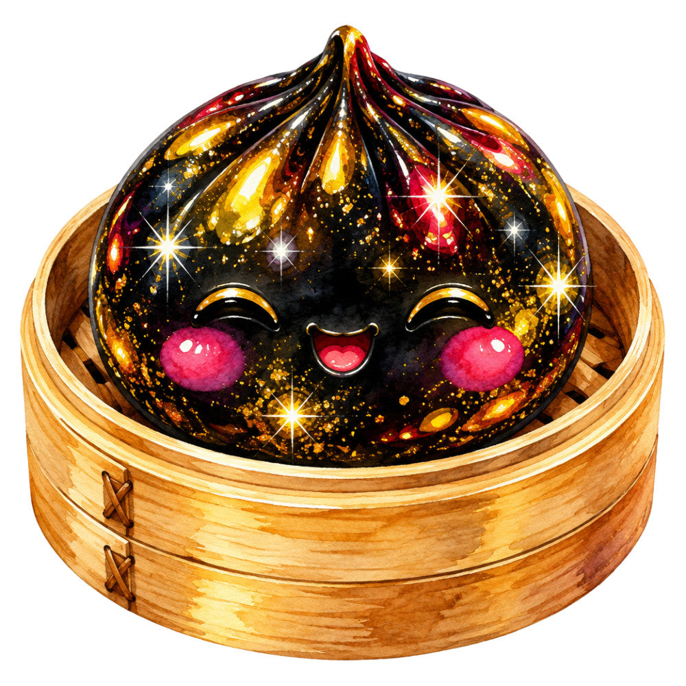 black, gold, red, crimson, amber, sparkle, glitter, cute, kawaii, whimsical, playful, asian inspired, dim sum, dumpling, food, novelty, fantasy, magical, celestial, stars, shiny, metallic, steampunk, art deco, elegant, sophisticated, children's, fun, happy face, blush pink