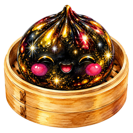 black, gold, red, crimson, amber, sparkle, glitter, cute, kawaii, whimsical, playful, asian inspired, dim sum, dumpling, food, novelty, fantasy, magical, celestial, stars, shiny, metallic, steampunk, art deco, elegant, sophisticated, children's, fun, happy face, blush pink