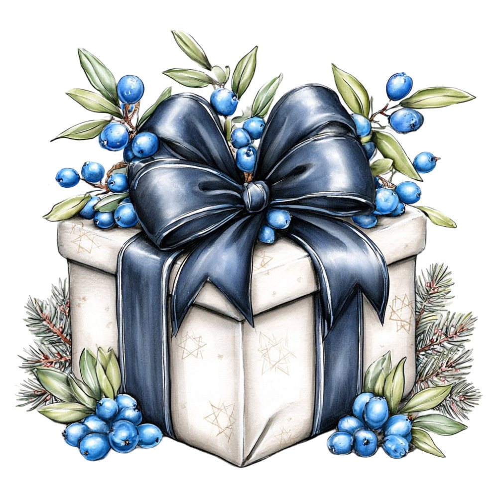 navy blue bow, cream white, blue berries, blueberries, evergreen branches, pine needles, star pattern, holiday, christmas, winter, elegant, sophisticated, gift box, ribbon, botanical, nature, festive, traditional, seasonal, blue and white, metallic accents, decorative bow, berry motifs, leaf details, winter florals, hanukkah, formal, luxury, celebration themed