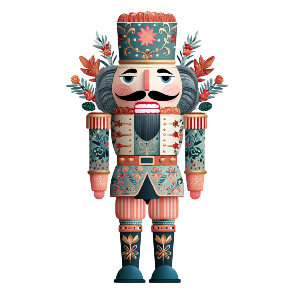 nutcracker, holiday, christmas, whimsical, traditional, decorative, teal, coral, cream, gold, floral, ornamental, vintage, festive, soldier, botanical, leaves, flowers, striped, elegant, folk art, patterned, seasonal, winter, toy soldier, cultural, decorative arts, chimney sweep, marching band, holiday decor