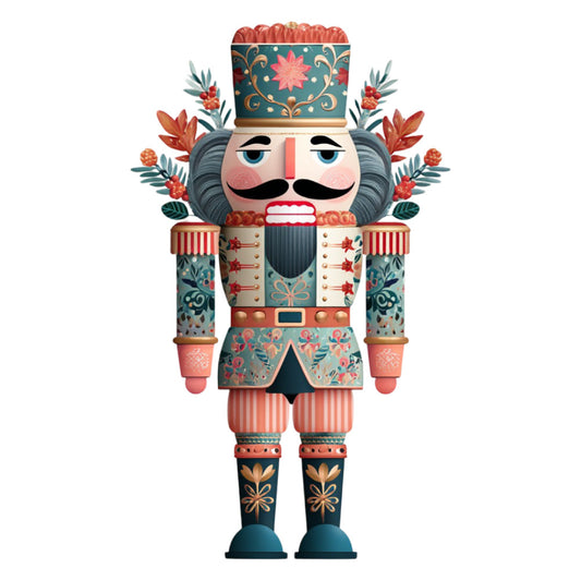 nutcracker, holiday, christmas, whimsical, traditional, decorative, teal, coral, cream, gold, floral, ornamental, vintage, festive, soldier, botanical, leaves, flowers, striped, elegant, folk art, patterned, seasonal, winter, toy soldier, cultural, decorative arts, chimney sweep, marching band, holiday decor