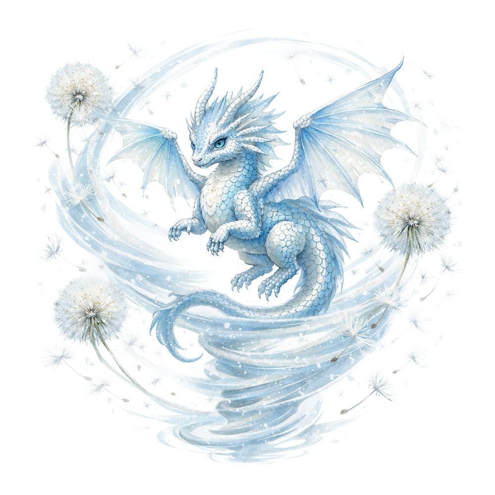 ice blue, light blue, white, pale blue, soft blue, dragon, fantasy, mythical creatures, whimsical, magical, dandelion, ethereal, celestial, enchanted, delicate, nature-inspired, dreamy, iridescent, winged creature, sparkles, gentle, soft watercolor, elegant, storybook, fairytale, wonder, soft pastels, light and airy, wall hanging, children's decor