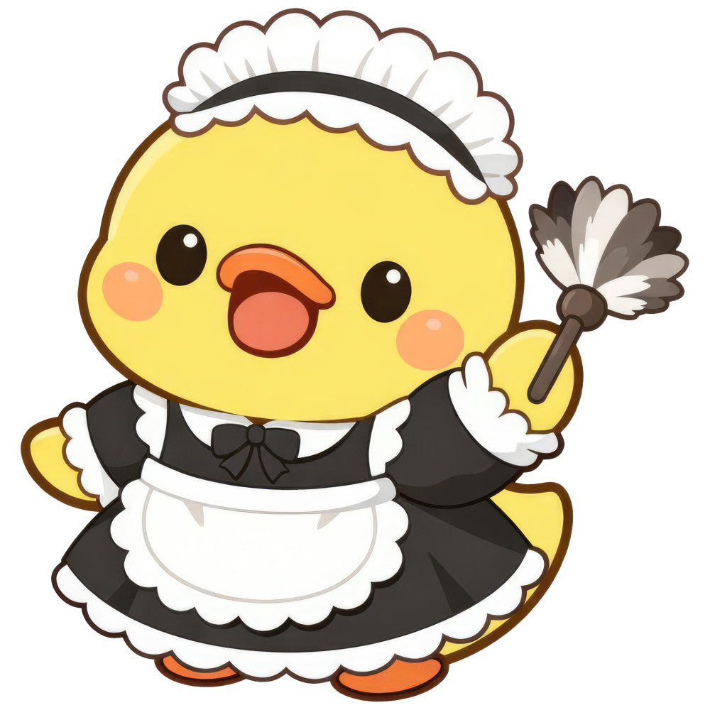bright yellow, cream white, black, orange, cute character, whimsical, maid outfit, apron, chef character, cheerful, playful, animal character, bird character, chick, kawaii, adorable, spring, baby quilt, children's fabric, nursery, toddler, character panel, novelty print, fun design, happy expression, domestic theme, farmhouse, sweet design, yellow and black