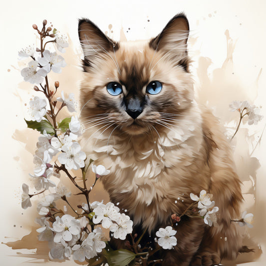 Watercolor Cats with Flowers Fabric Panel 1 featuring a detailed painting of a blue-eyed cat with white blossoms on premium quilting cotton.