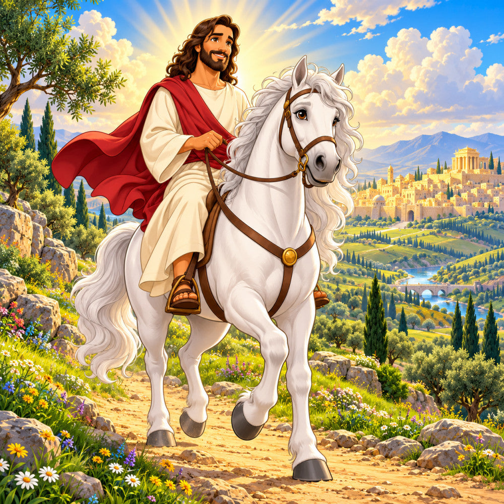 cream, red, gold, white, blue sky, landscape, horses, religious, biblical, christian, spiritual, noble, majestic, mounted rider, scenic background, classical, elegant, traditional, whimsical, historical, adventurous, inspirational, nature, architecture, cypress trees, rolling hills, olive trees, mediterranean, devotional, panel print