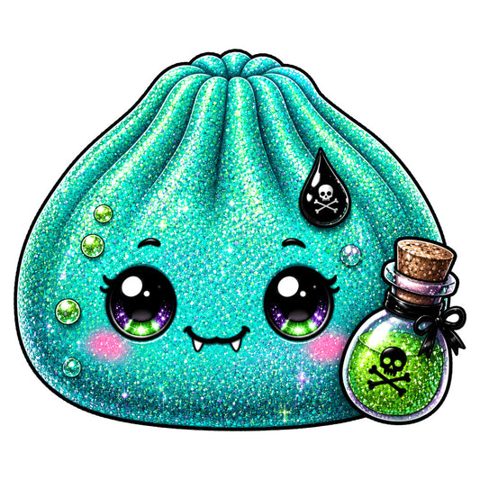 turquoise glitter, aqua sparkle, teal shimmer, hot pink, lime green, purple eyes, cute character, whimsical, kawaii, gothic, poison bottle, skull crossbones, goth cute, fantasy, magical, glittery, shimmery, novelty, character design, dark whimsical, emo aesthetic, alternative style, mystical, enchanted, spooky cute, pop culture, character panel, gift for teens, quirky design