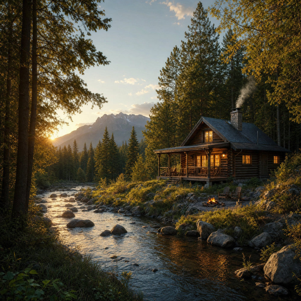 cabin, log house, mountain landscape, forest, autumn, golden hour, sunset, nature scene, rustic, lodge, wilderness, river, stream, evergreen trees, larch trees, fall foliage, golden yellow, forest green, warm brown, cozy, outdoor, adventure, scenic, landscape, homestead, cottage, campfire, evening light, nostalgic, tranquil