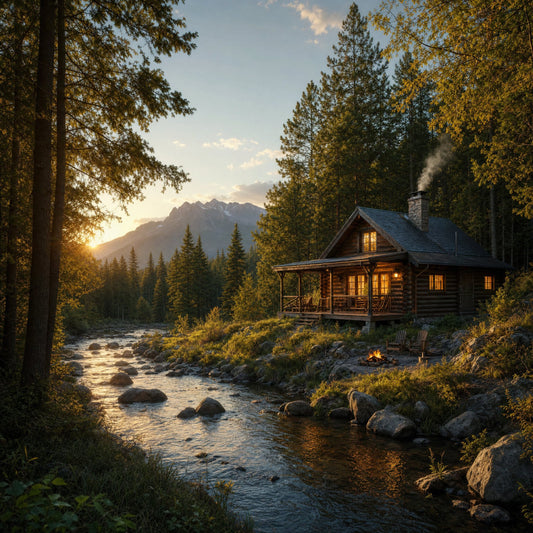 cabin, log house, mountain landscape, forest, autumn, golden hour, sunset, nature scene, rustic, lodge, wilderness, river, stream, evergreen trees, larch trees, fall foliage, golden yellow, forest green, warm brown, cozy, outdoor, adventure, scenic, landscape, homestead, cottage, campfire, evening light, nostalgic, tranquil
