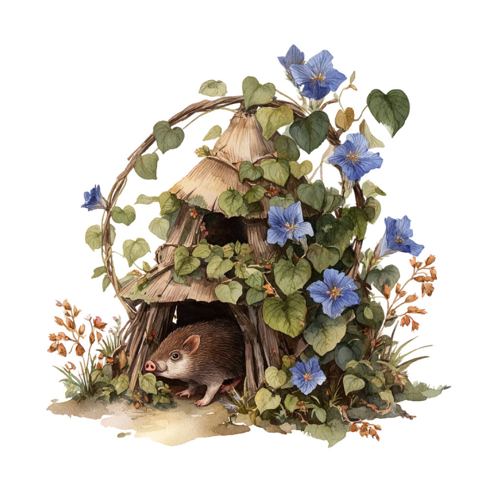 woodland creature, mouse, hedgehog, storybook illustration, fairy tale, whimsical, nature, forest animals, blue flowers, heart-shaped leaves, ivy vine, cottage core, rustic, vintage botanical, hand-painted style, children's illustration, animal home, cozy, sage green, periwinkle blue, terracotta, natural tones, woodland theme, storybook quilt, nursery, wall hanging, spring flowers, illustrated, enchanted forest, garden creatures
