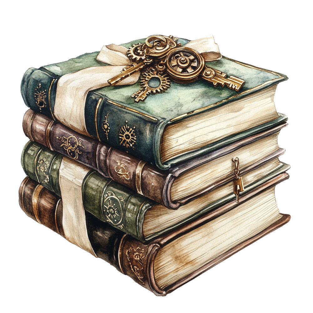 steampunk, vintage books, antique, brass keys, gears, literary, dark green, cream, brown, leather-bound, celestial, sun motifs, classic, traditional, elegant, nostalgic, library, academic, book lover, educational, bronze metallic, aged paper, decorative keys, ornate, whimsical, steampunk gears, vintage aesthetic, scholarly, timeless, book themed