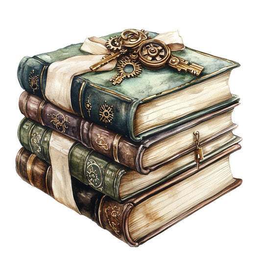 steampunk, vintage books, antique, brass keys, gears, literary, dark green, cream, brown, leather-bound, celestial, sun motifs, classic, traditional, elegant, nostalgic, library, academic, book lover, educational, bronze metallic, aged paper, decorative keys, ornate, whimsical, steampunk gears, vintage aesthetic, scholarly, timeless, book themed