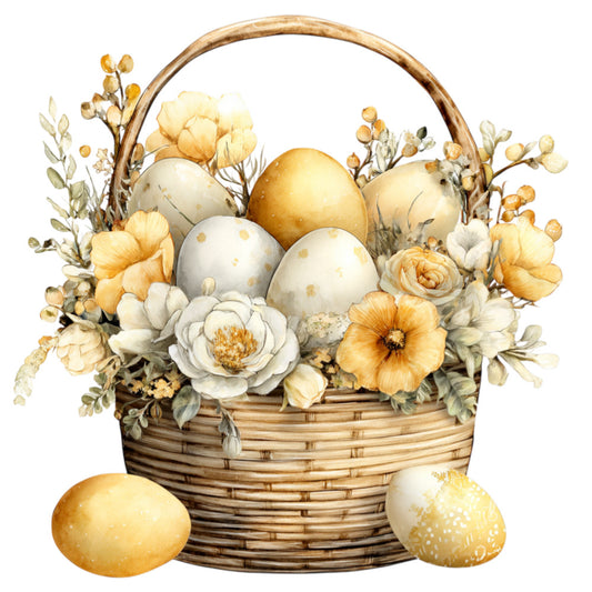 easter basket, spring flowers, cream, gold, tan, beige, white, pale yellow, floral, eggs, easter eggs, decorative eggs, flowers, roses, peonies, daisies, botanical, nature, spring, easter, vintage, elegant, whimsical, rustic, farmhouse, dried flowers, woven basket, pastel colors, gold speckled, spring theme