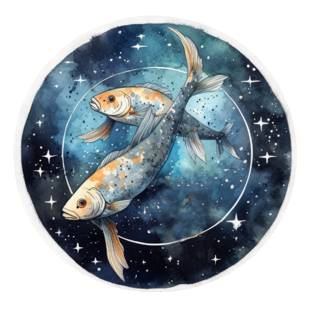 celestial, navy blue, teal, starry night, pisces, zodiac, fish, aquatic, two fish, gemini twins, constellation, whimsical, mystical, magical, cosmic, deep blue, watercolor, hand-painted, gold accents, orange, cream, stars, sparkles, night sky, dreamy, ethereal, elegant, sophisticated, astrology