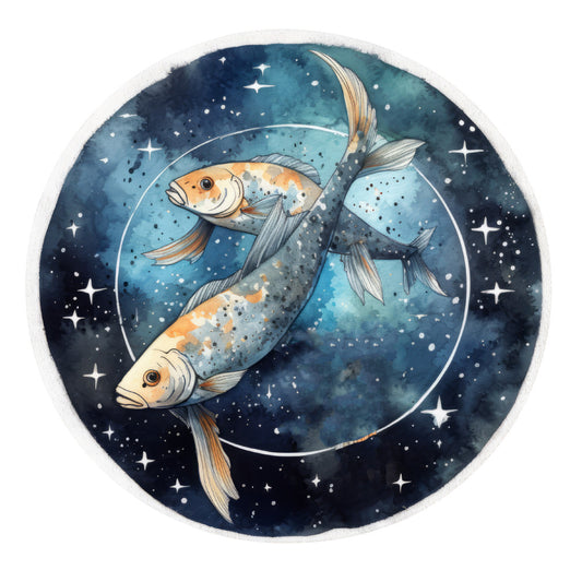 celestial, navy blue, teal, starry night, pisces, zodiac, fish, aquatic, two fish, gemini twins, constellation, whimsical, mystical, magical, cosmic, deep blue, watercolor, hand-painted, gold accents, orange, cream, stars, sparkles, night sky, dreamy, ethereal, elegant, sophisticated, astrology