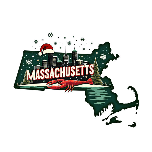 Christmas US States Fabric Panel 30 featuring Massachusetts state shape with holiday decorations, city skyline, and festive lobster design.