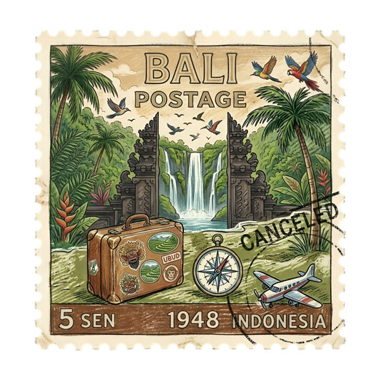 bali, vintage postage stamp, tropical, palm trees, waterfall, travel theme, adventure, compass, suitcase, airplane, indonesian, retro, brown, cream, forest green, teal blue, coral pink, nature, exotic birds, mid-century, 1948, wanderlust, cultural, bohemian, whimsical, traditional architecture, temple gates, collectible, travel souvenirs, nostalgic