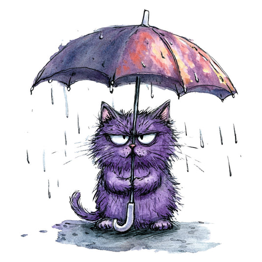 purple cat, rainy day, umbrella, whimsical, cute animals, grumpy expression, watercolor, purple shades, lavender, mauve, ink illustration, rainy weather, wet day, cats, pet lovers, humorous, character fabric, children's design, playful, whimsy, illustration style, detailed fur texture, mood expression, rainy season, cozy indoor, animal characters, quirky style, artistic