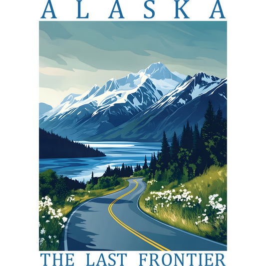 alaska, travel poster, vintage style, scenic landscape, snow-capped mountains, winding road, evergreen trees, lake view, blue sky, white clouds, wildflowers, yellow road lines, turquoise water, forest green, outdoor adventure, fabric panel, quilting cotton, wilderness scene, mountain peaks, frontier theme