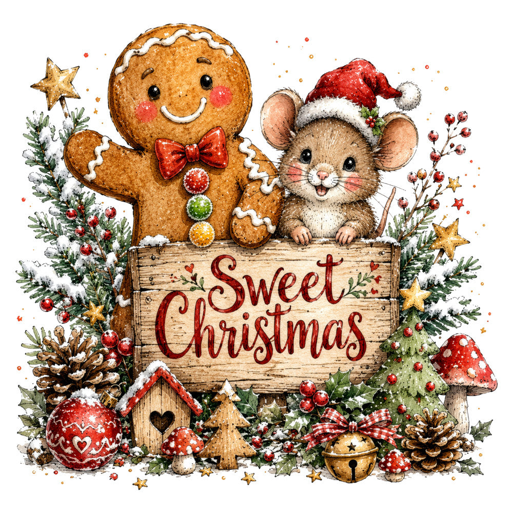 sweet christmas, gingerbread man, christmas mouse, holiday, festive, whimsical, rustic, winter, snow, red, cream, tan, brown, forest green, gold, candy, decorative, nostalgic, vintage, children's, stars, holly, pine cones, ornaments, mushrooms, birdhouse, hearts, bell, christmas tree, cheerful
