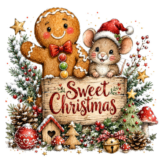 sweet christmas, gingerbread man, christmas mouse, holiday, festive, whimsical, rustic, winter, snow, red, cream, tan, brown, forest green, gold, candy, decorative, nostalgic, vintage, children's, stars, holly, pine cones, ornaments, mushrooms, birdhouse, hearts, bell, christmas tree, cheerful