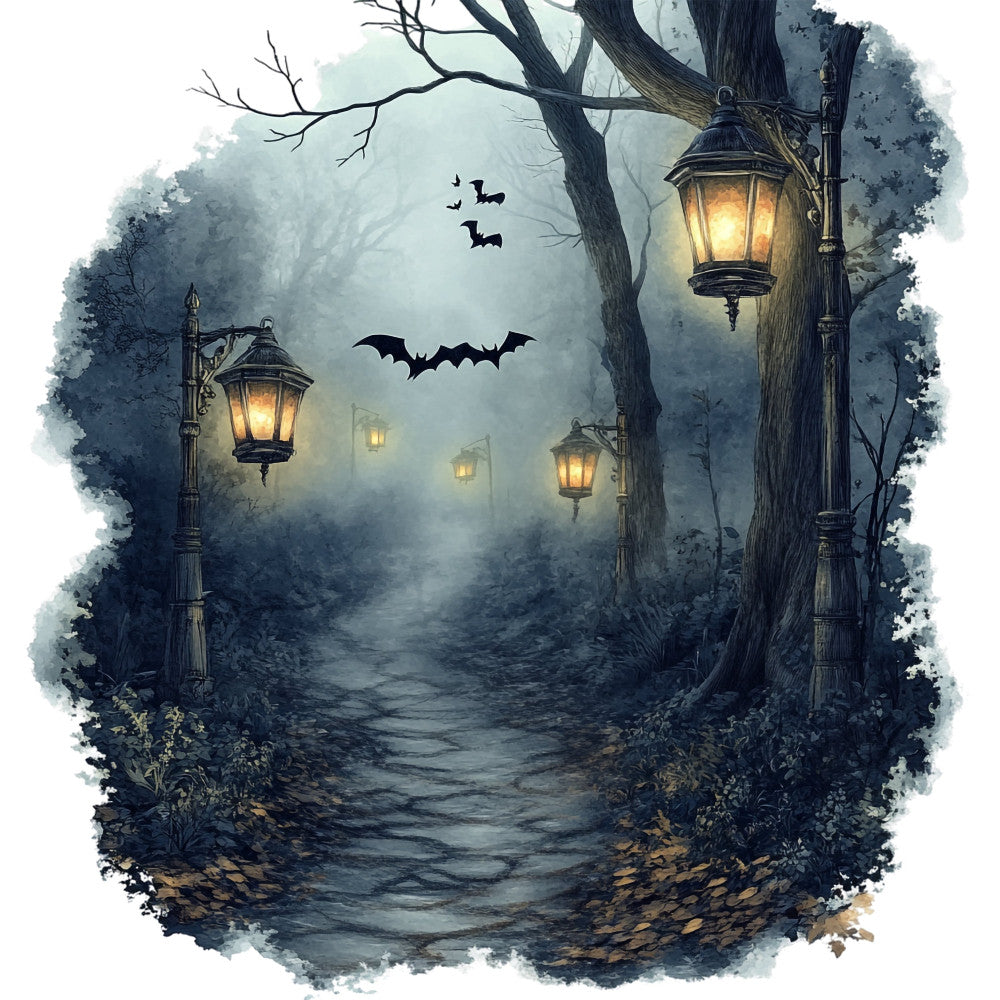 halloween, spooky, gothic, bats, lanterns, misty, foggy, dark gray, charcoal, dusty blue, moody, atmospheric, vintage, haunted, woodland, forest path, eerie, celestial, night sky, autumn, fall, street lamps, glow, twilight, dark academia, mysterious, elegant, whimsical, decorative, wall hanging