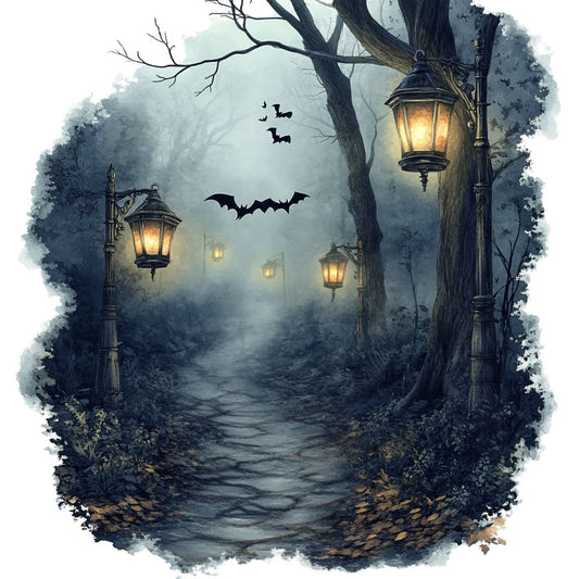 halloween, spooky, gothic, bats, lanterns, misty, foggy, dark gray, charcoal, dusty blue, moody, atmospheric, vintage, haunted, woodland, forest path, eerie, celestial, night sky, autumn, fall, street lamps, glow, twilight, dark academia, mysterious, elegant, whimsical, decorative, wall hanging