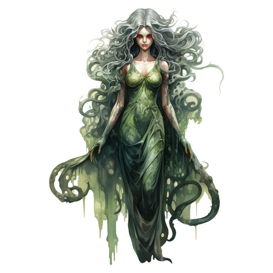 sage green, forest green, olive green, moss green, supernatural, fantasy, mystical, goddess, ethereal, whimsical, elegant, gothic, nature-inspired, dark fantasy, theatrical, dramatic, flowing gown, serpent, tentacle, organic, otherworldly, magical, enchanted, dark romanticism, bohemian, costume design, character art, fairytale, mysterious, beige undertones
