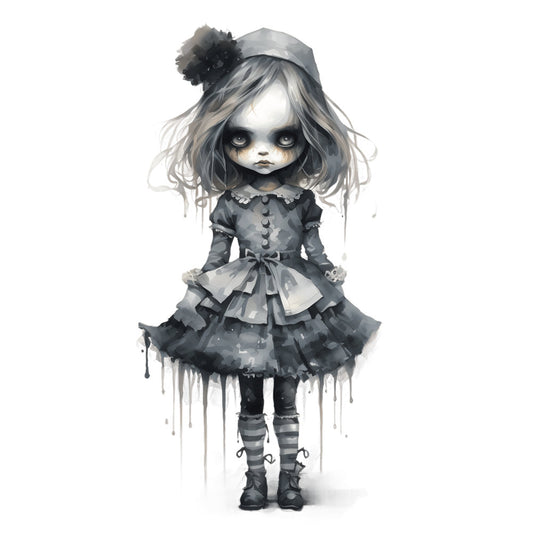 grayscale, monochrome, black and white, gothic, dark aesthetic, whimsical, doll, character print, girl figure, striped stockings, lace details, ribbon bow, vintage style, dark fairy tale, haunted, spooky, children's illustration, storybook, fantasy character, dramatic, moody, ethereal, dressed up doll, button details, layered skirt, artistic illustration, contemporary art, alternative style, goth lolita, doll collection