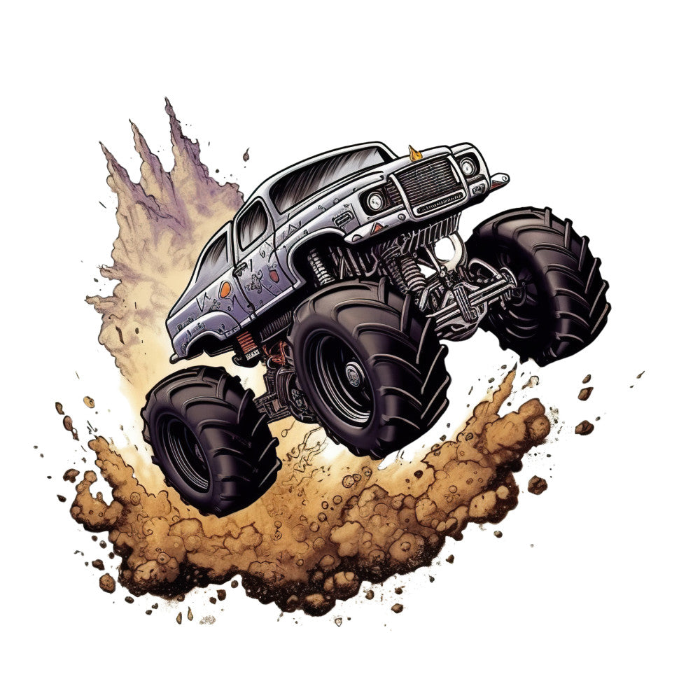 Monster Truck Crushes Fabric Panel 4 shows a powerful monster truck kicking up mud and dirt in an action-packed scene.