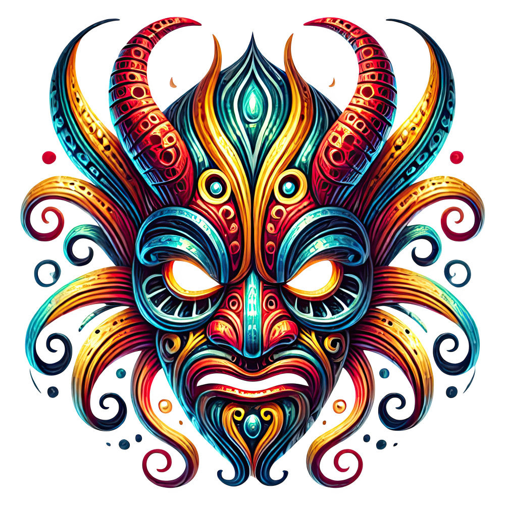 turquoise, golden yellow, deep red, navy blue, coral, teal, ornamental mask, tribal, bohemian, whimsical, decorative, symmetrical, geometric, abstract, cultural, festive, carnival, mardi gras, theatrical, mystical, fantasy, bold, vibrant, ornate, horns, scrollwork, spirals, ethnic, artistic, contemporary