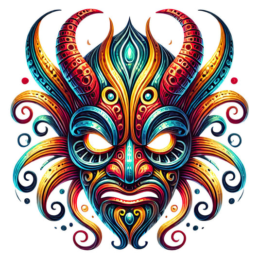 turquoise, golden yellow, deep red, navy blue, coral, teal, ornamental mask, tribal, bohemian, whimsical, decorative, symmetrical, geometric, abstract, cultural, festive, carnival, mardi gras, theatrical, mystical, fantasy, bold, vibrant, ornate, horns, scrollwork, spirals, ethnic, artistic, contemporary