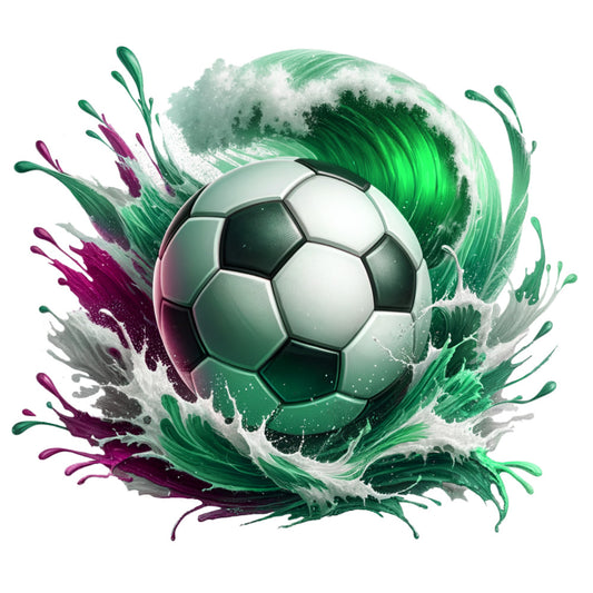 soccer ball, watercolor style, green splash, purple accents, white foam, paint splashes, sports theme, athletic design, fabric panel, quilting cotton, dynamic movement, artistic brushstrokes, emerald green, magenta purple, black and white ball, hexagonal pattern, contemporary art, energetic design, boys room decor, sports memorabilia