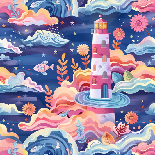 Springtime Lighthouse Scene Pattern 1 Quilting Cotton Fabric