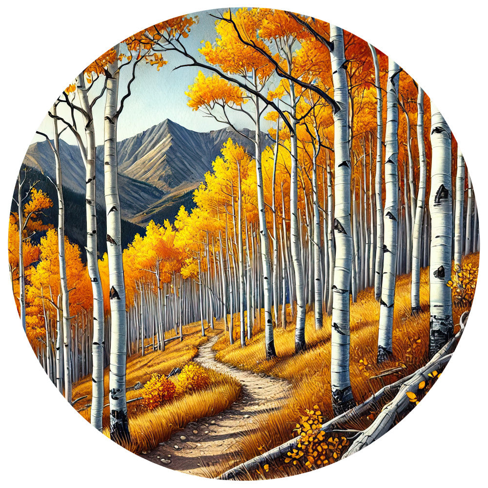 autumn foliage, aspen trees, mountain landscape, golden yellow, burnt orange, white birch trunks, winding path, circular panel, fall colors, rocky mountains, nature scene, quilting fabric, cotton panel, seasonal design, woodland trail, amber tones, landscape art, outdoor scenery, forest path, mountain vista