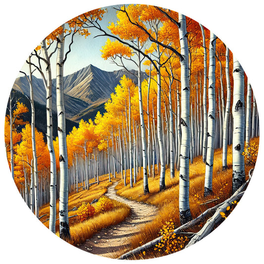 autumn foliage, aspen trees, mountain landscape, golden yellow, burnt orange, white birch trunks, winding path, circular panel, fall colors, rocky mountains, nature scene, quilting fabric, cotton panel, seasonal design, woodland trail, amber tones, landscape art, outdoor scenery, forest path, mountain vista