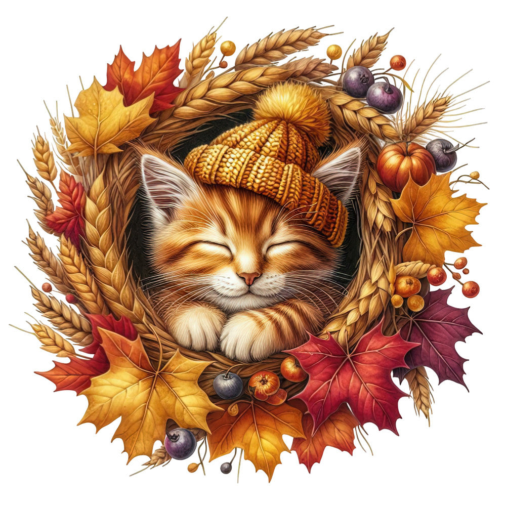 autumn cat, fall leaves, cozy cat, sleeping cat, corn, wheat, harvest theme, golden yellow, burnt orange, rust red, deep purple, cream, warm tones, seasonal, autumn animals, nature-inspired, whimsical, rustic, farmhouse, woodland, cat lover, harvest time, fall decor, thanksgiving, october, september, november, berries, corn husks, striped beanie