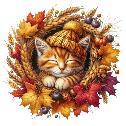 autumn cat, fall leaves, cozy cat, sleeping cat, corn, wheat, harvest theme, golden yellow, burnt orange, rust red, deep purple, cream, warm tones, seasonal, autumn animals, nature-inspired, whimsical, rustic, farmhouse, woodland, cat lover, harvest time, fall decor, thanksgiving, october, september, november, berries, corn husks, striped beanie