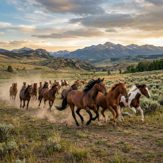 horses, wild horses, running horses, brown horses, tan horses, cream horses, dust, desert landscape, mountains, scenic landscape, nature, wildlife, western, rustic, farmhouse, boho, bohemian, sage green, golden brown, earthy tones, landscape, pastoral, ranch, country, sunset sky, cloud, equestrian, animal, outdoor, adventure