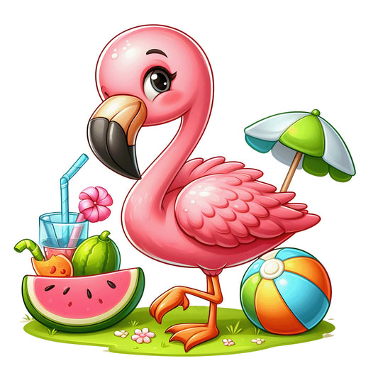 pink flamingo, coral pink, bright green, turquoise blue, orange accents, summer theme, tropical design, beach scene, watermelon slice, beach ball, umbrella, coconut drink, cartoon style, whimsical illustration, cute animal, fabric panel, quilting cotton, children's fabric, nursery decor, vacation vibes