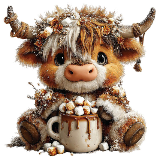 brown, cream, white, orange, highland cow, christmas decorations, marshmallows, hot chocolate, mug, horns, fluffy fur, festive flowers, cozy winter, fabric panel, quilting cotton, cute animal, winter theme, holiday crafting, adorable cow, seasonal fabric