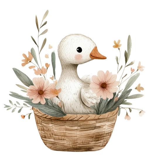 white duck, cream duck, orange beak, pastel flowers, blush pink, sage green, tan basket, floral, nature, farmhouse, whimsical, spring, baby, duckling, botanical, soft colors, watercolor style, woven basket, daisy flowers, gentle, sweet, nursery, children's, country, rustic, peaceful, easter, garden theme, cute animals