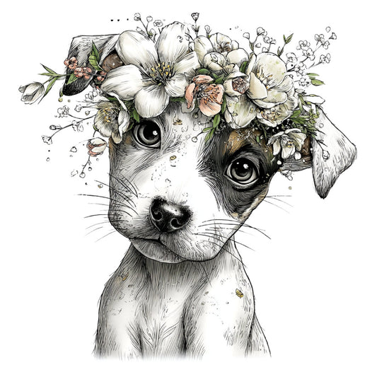dog, puppy, chihuahua, small dog, white dog, black and white, cream, tan, beige, floral, flowers, botanical, nature, whimsical, sweet, adorable, animal portrait, pet, cute, spring, summer, baby, nursery, children's, illustration, sketch, ink drawing, delicate flowers, baby animals, pet lover