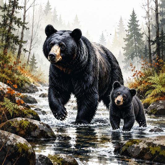 black bear, mother and cub, wildlife, forest, nature, animal, stream, river, woodland, autumn, fall, forest green, cream, tan, bronze, realistic, detailed, adventure, rustic, majestic, bear family, outdoor, scenic, landscape, coniferous trees, evergreen, moss, rocks, wildlife art, nature lovers