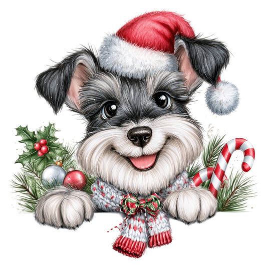 christmas dog, holiday puppy, schnauzer, black and white dog, festive pet, red santa hat, candy cane, holly berries, winter holiday, cute animal, seasonal decoration, christmas ornaments, evergreen branches, red and white, gray and white, whimsical style, playful animal portrait, holiday cheer, pet lover gift, christmas theme, festive puppy face, peppermint candy, decorative dog, cheerful holiday, traditional christmas, animal character, seasonal textile