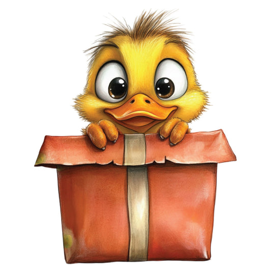 yellow duckling, baby duck, gift box, red wrapping paper, brown ribbon, orange beak, large eyes, fluffy feathers, whimsical illustration, cute animal, fabric panel, quilting cotton, children's design, nursery theme, bright colors, cartoon style, playful mood, adorable character, surprise gift, cheerful design